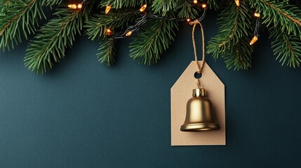 Gold bell on a tag, surrounded by evergreen branches and warm lights on a dark blue background.