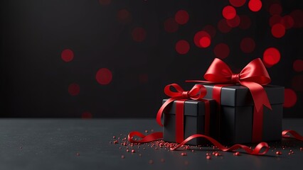 Wall Mural - black gift 3d boxes in with red bow. rel ribbon, glowing present box, retail promotions, discount ev