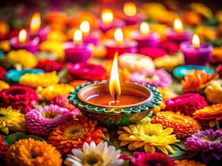 Vibrant Diya Candle Amidst Colorful Flowers - Serene Festive Atmosphere