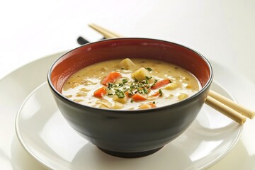 Wall Mural - Delicious creamy soup with vegetables in black bowl with chopsticks against a white background