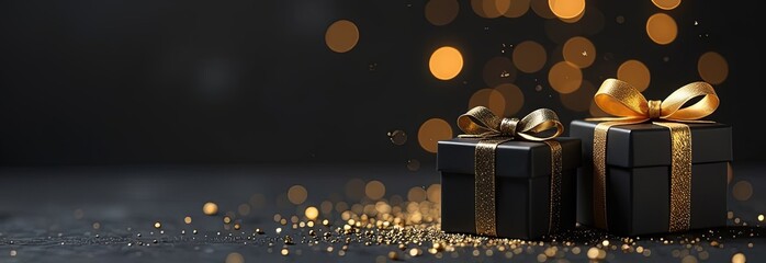 Two black gift boxes wit golden bows on a dark background with blurred bokeh and glitter. Banner for christmas, black friday, big sale. Retail promotions, discount events, social media marketing