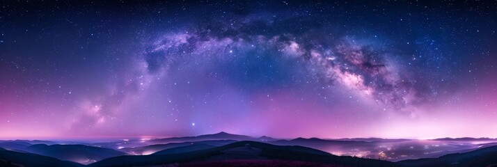 Milky Way arch. Fantastic night landscape with bright arched milky way, purple sky with stars, pink light and hills. Beautiful scene with universe. Space background with starry sky. Galaxy and nature