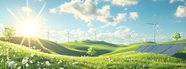 A landscape showing solar panels and wind turbines on green hills, symbolizing renewable energy sources in nature