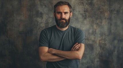 Bearded man with crossed arms in a casual t-shirt, standing against a textured wall, subtle gradient lighting  his face