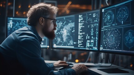 A Man With a Beard Works on a Computer with Data Visualizations