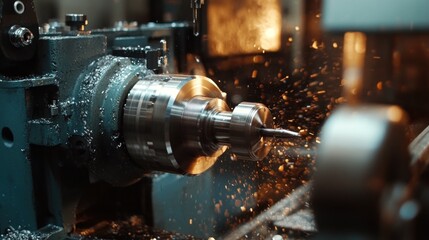 A close-up of a lathe machine in operation, creating metal parts with sparks flying.