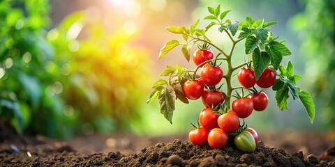 A lush tomato plant with green leaves and vibrant red fruits growing in a garden soil, herb garden, green leaves, farm scenery