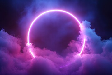 A 3D glowing circular neon frame suspends around an abstract, textured cloud in a dark sky, creating an artistic and modern visual.