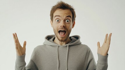 Surprised man in a gray hoodie with raised hands, wide-eyed expression on a white background, neutral lighting