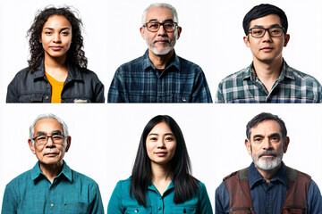 Six individuals of different ethnicities in casual and work attire against a plain white background, looking forward with neutral expressions
