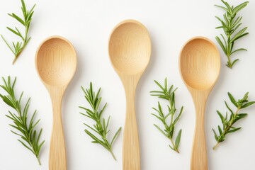 Creative flat lay with wooden spoons fresh rosemary on white