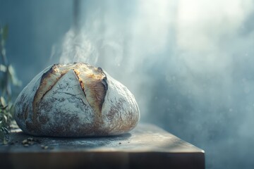 Freshly baked sourdough bread with steam rising in morning light