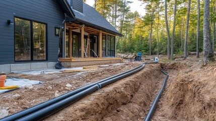 A summer cottage construction site with PVC pipes laid in a trench, demonstrating proper plumbing setup for water supply