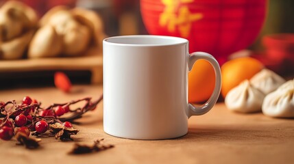 Blank mug on wooden table with food backdrop