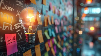 creative ideas concept picture of glowing light bulb with sticky note from workshop colleague on brainstorming board at office workspace.	