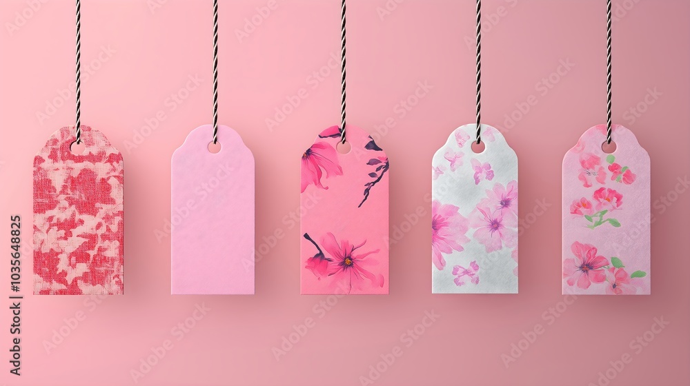 Pink Tag Background Five hanging tags with various pink floral designs on gradient pink ...