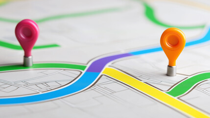 Colorful Push Pins on a Detailed Map with a Winding Road