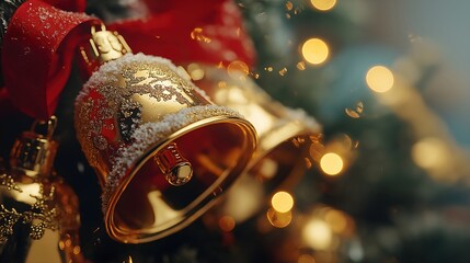 Wall Mural - golden christmas bell with snow and bokeh lights. holiday decoration and festive atmosphere concept