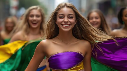 Smiling woman in colorful costume at festival parade. Cultural celebration and joy expression concept