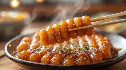 Delicious Tteokbokki with Steam and Sauce on Plate