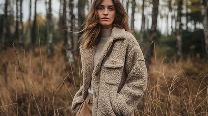 Young woman wearing cream sheepskin coat and turtleneck sweater standing in field with birch trees