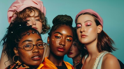 Four young women in colorful makeup and unique outfits pose confidently against a blue background, showcasing creativity and individuality.