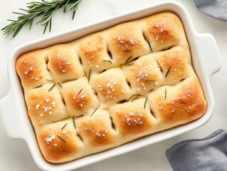 Wall Mural - Olive oil focaccia fresh out of the oven, with its golden crust adorned with rosemary and flaky sea salt