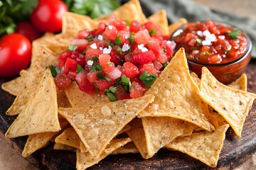 Wall Mural - A plate of nacho chips topped with fresh salsa and served with a side of salsa.