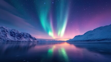 A stunning view of the Northern Lights illuminating a tranquil winter landscape with reflected colors on a calm body of water.