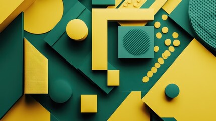 Wall Mural - abstract composition of geometric shapes in green and yellow tones.