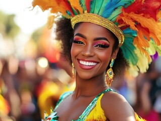 A vibrant celebration of culture featuring a joyful woman in a colorful feathered headdress, symbolizing festivity and energy.