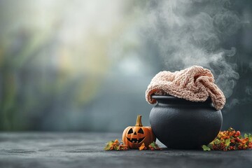 Misty Halloween Backdrop with Cauldron and Pumpkin in Autumn Atmosphere