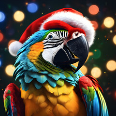 A Christmas Macaw wearing a red Santa hat, a cheerful face, and shiny soft feathers, with soft Christmas lights shining next to it.