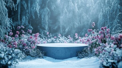 Leinwandbilder - A circular concrete platform sits in the middle of a snowy forest. The forest is full of tall, snow-covered trees and pink flowers. The snow is pristine white, and the light is soft and ethereal.