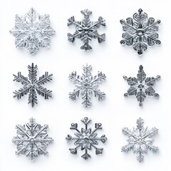 Nine detailed silver snowflakes arranged in grid on white background