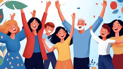 Joyful group of diverse people celebrating together with raised hands and smiles, AI