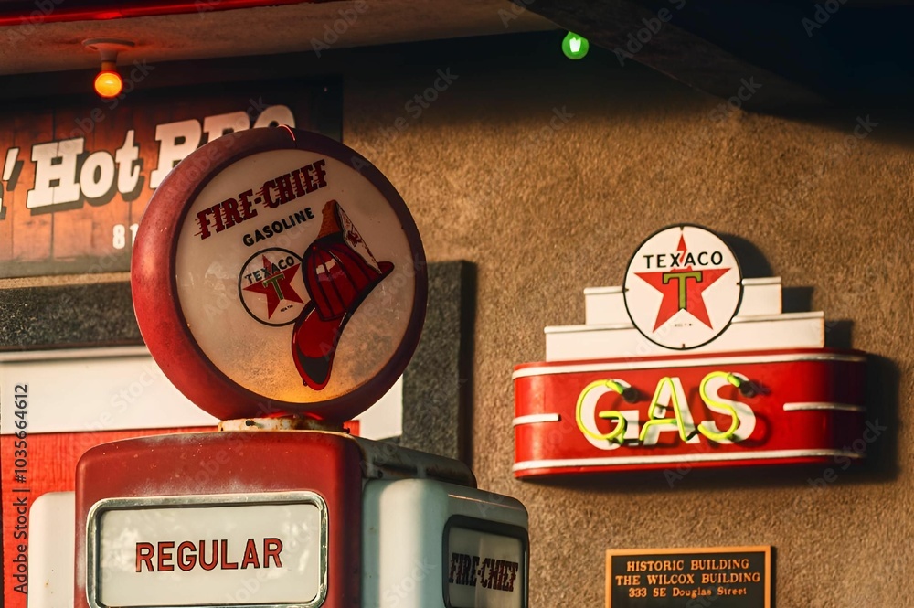 Vintage Texaco gas pump and sign at an old gas station with retro Fire ...