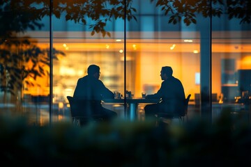 Two business people having a late night business meeting in a glass-walled office, Generative AI