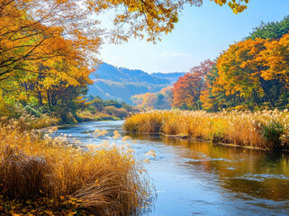 Wall Mural - Korean autumn scenery, with colorful leaves and a river flowing through the valley. The trees on both sides of it have yellow grasses swaying in the wind, creating an endless view.