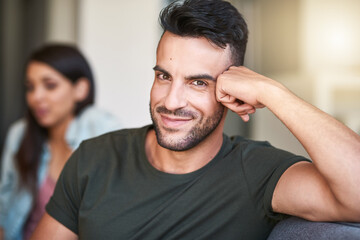 Poster - Portrait, home and love with couple on couch, marriage and bonding together in living room. Face, people and man with woman on sofa, romantic or care with relationship, relax or happiness in lounge