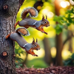 Two squirrels leaping from a tree trunk in a forest with blurred foliage in the background.