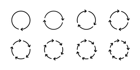 set of eight schematic diagrams with black thin arrows located in circle with step of 1, 2, 3, 4, 5,