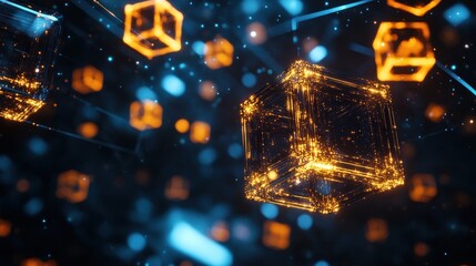 Wall Mural - abstract digital representation of interconnected glowing cubes in a dark space.