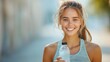 © Onzdemia - Smiling woman holding a water bottle, post-run, outdoor setting, satisfied with fitness progress
