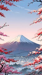 Beautiful Sakura Blooms with Mount Fuji in Background