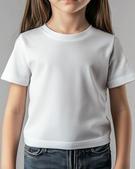 A young girl stands in a simple white t-shirt and blue jeans, showcasing minimalistic fashion. The focus is on the casual attire, capturing a clean, modern look.