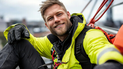 smiling electrical technician in safety gear, showcasing confidence and professionalism while working at height. bright yellow jacket and safety equipment highlight importance of safety in field