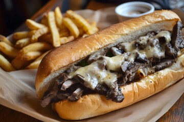 Wall Mural - A Philly cheese steak sandwich with a side of french fries