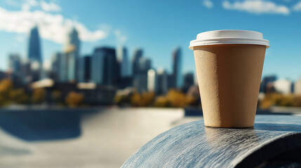  Food style macro close-up photo of a coffee cup on the edge of a skateboarding ramp in an empty skate park, with a cityscape looming in the background