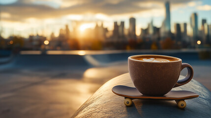 Food style macro close-up photo of a coffee cup balanced on the edge of a skateboarding ramp in an empty skate park, with the city skyline in the background